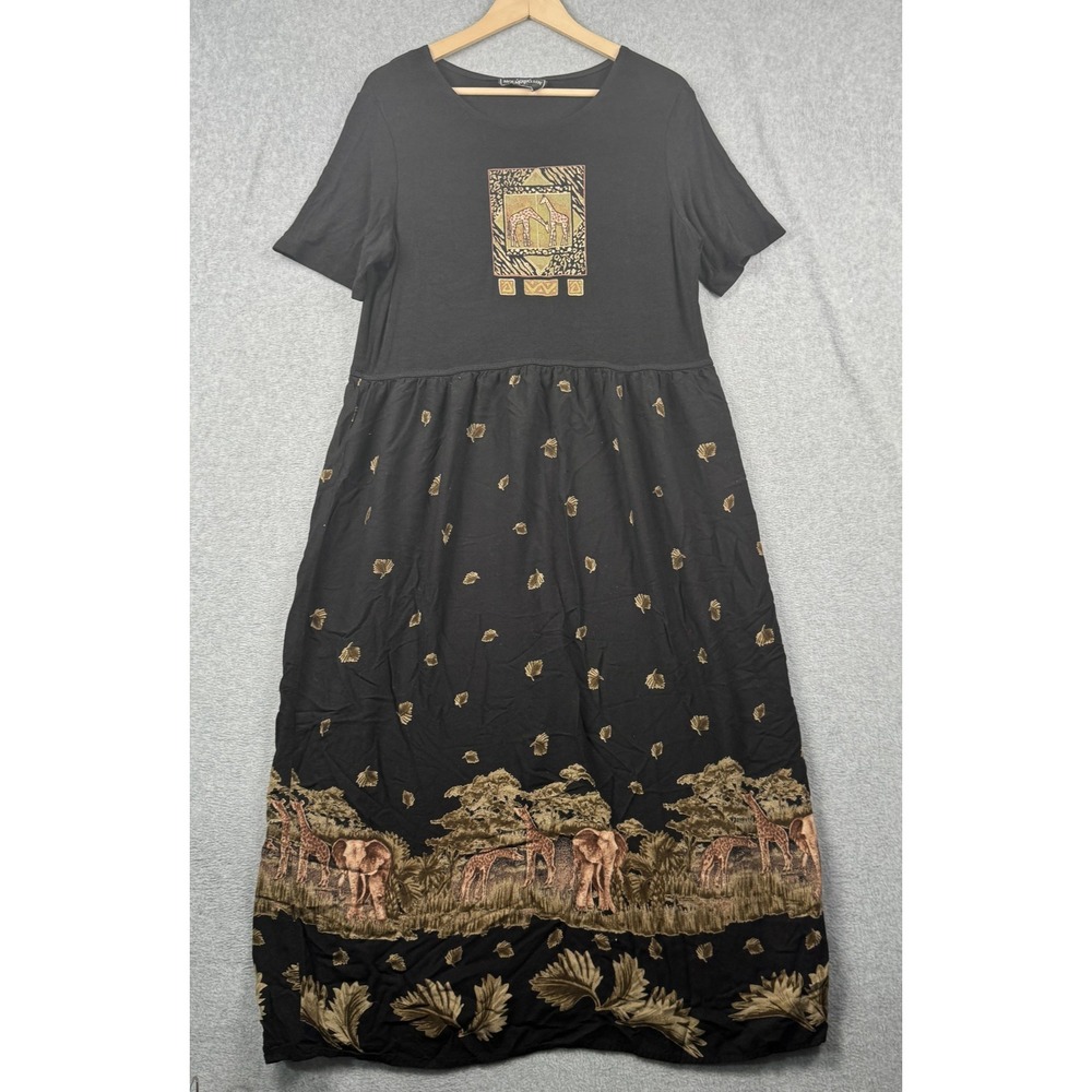 VTG Molly Malloy Maxi Dress Womens XL Black Safari Elephant Giraffe Savanna